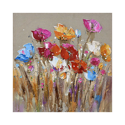 

Oil Painting Hand Painted Square Abstract Floral / Botanical Modern Rolled Canvas (No Frame)