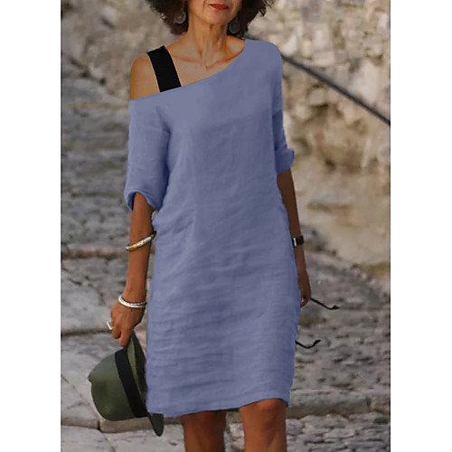 

Women's Shift Dress Knee Length Dress Blue Short Sleeve Solid Color Fall Summer One Shoulder Elegant 2021 S M L XL XXL 3XL / Cotton / Cotton