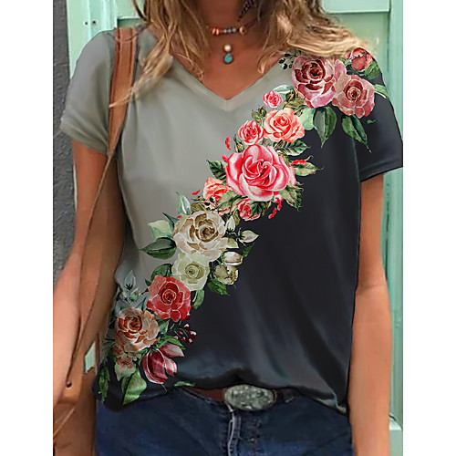 

Women's Floral Theme Painting T shirt Floral Graphic Color Block Print V Neck Basic Tops Gray