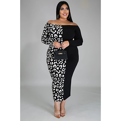 

Women's Sheath Dress Midi Dress Black Long Sleeve Print Print Fall Off Shoulder Sexy Slim 2021 XXL 3XL 4XL 5XL 6XL / Plus Size