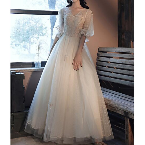 

Ball Gown Vintage Floral Quinceanera Prom Dress V Neck Half Sleeve Floor Length Tulle with Pleats Embroidery 2021
