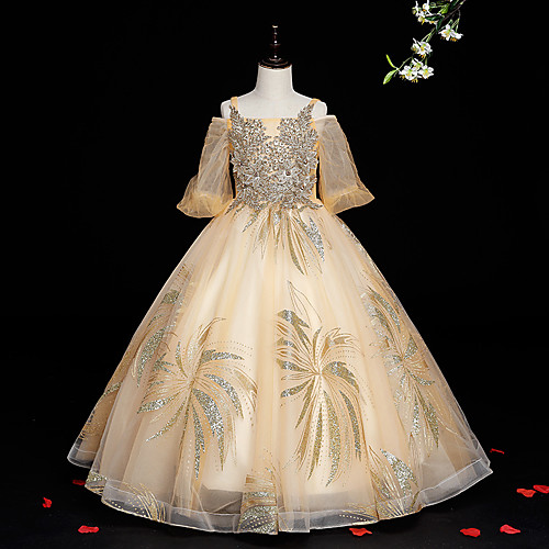 

Princess Floor Length Flower Girl Dresses Formal Evening Tulle Half Sleeve Spaghetti Strap with Beading