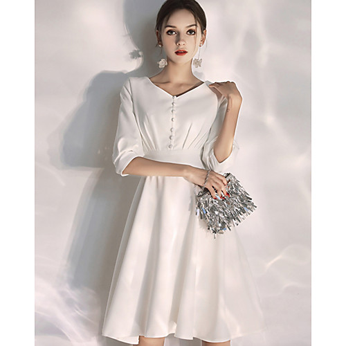 

A-Line Wedding Dresses V Neck Knee Length Stretch Fabric Half Sleeve Simple Vintage Little White Dress 1950s with 2021
