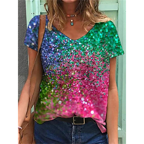 

Women's T shirt Graphic Floral Print V Neck Tops Basic Basic Top Purple Green Rainbow