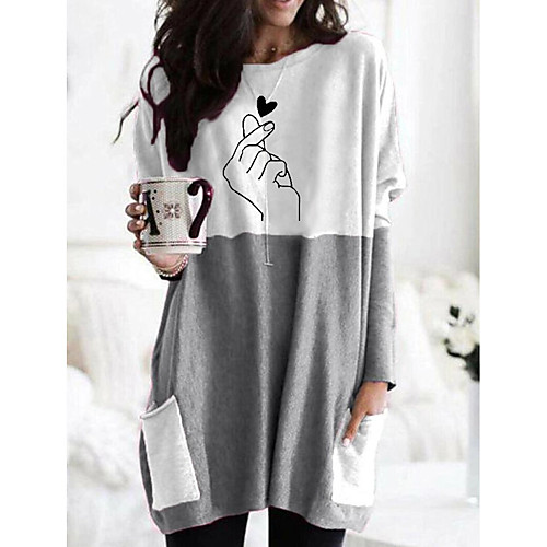 

Women's T shirt Graphic Heart Long Sleeve Pocket Round Neck Tops 100% Cotton Basic Basic Top Black Orange Khaki
