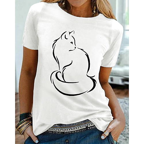 

Women's T shirt Cat Graphic Print Round Neck Tops Basic Basic Top White Black