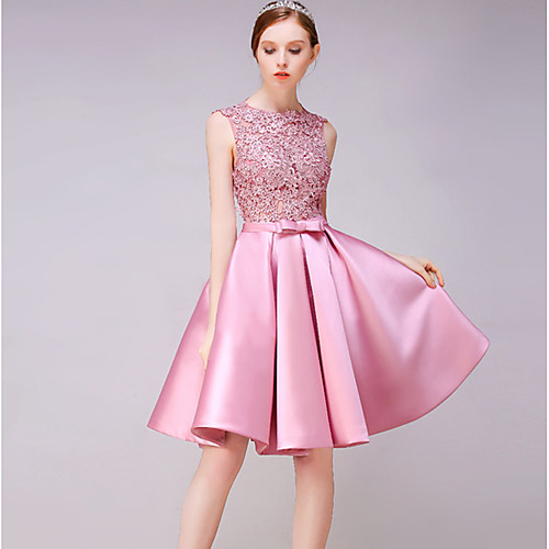 

A-Line Jewel Neck Knee Length Lace / Satin Bridesmaid Dress with Bow(s) / Pleats
