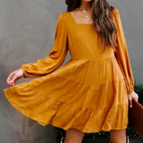 

Women's A Line Dress Knee Length Dress Orange Long Sleeve Solid Color Ruched Patchwork Fall Summer Square Neck Elegant Casual 2021 S M L XL XXL 3XL