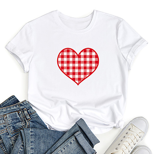 

Women's T shirt Graphic Heart Print Round Neck Tops 100% Cotton Basic Basic Top White Black Blue