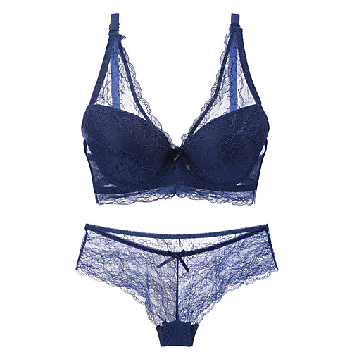 

Women's Plus Size Bra & Panty Set Underwire Bra 3/4 Cup Lace Printing Blue