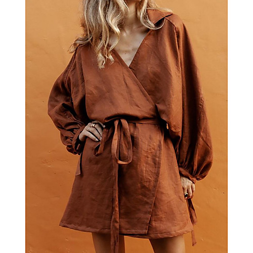 

Women's Sheath Dress Short Mini Dress Brown Long Sleeve Solid Color Summer V Neck Casual 2021 S M L XL XXL
