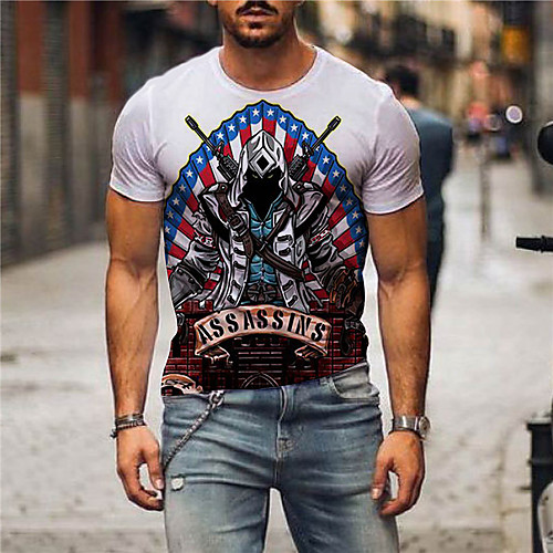 

Men's Tees T shirt 3D Print Graphic Prints Flag Print Short Sleeve Daily Tops Casual Designer Big and Tall White