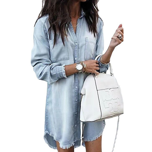 

Women's Denim Dress Short Mini Dress Light Blue Long Sleeve Solid Color Pocket Summer Shirt Collar Casual 2021 S M L XL