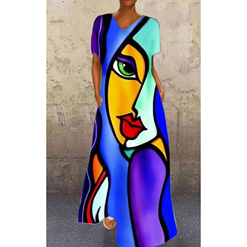 

Women's A Line Dress Maxi long Dress Face blue Red face Human face orange Purple White Short Sleeve Print Abstract Print Spring Summer V Neck Elegant Casual 2021 S M L XL XXL XXXL