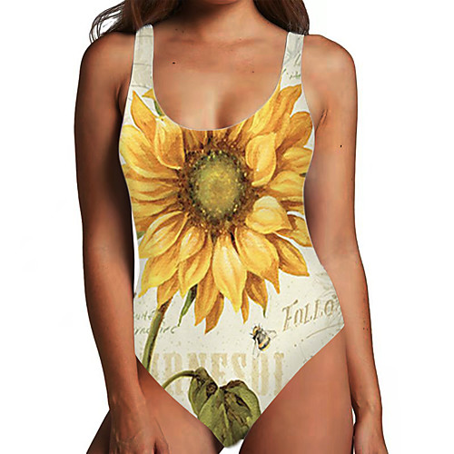 

Women's One Piece Monokini Swimsuit Tummy Control Print Floral Color Block Yellow Swimwear Bodysuit Strap Bathing Suits New Fashion Sexy / Padless