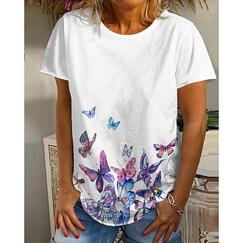 

Women's Butterfly Painting T shirt Graphic Butterfly Print Round Neck Basic Tops White Blue Purple