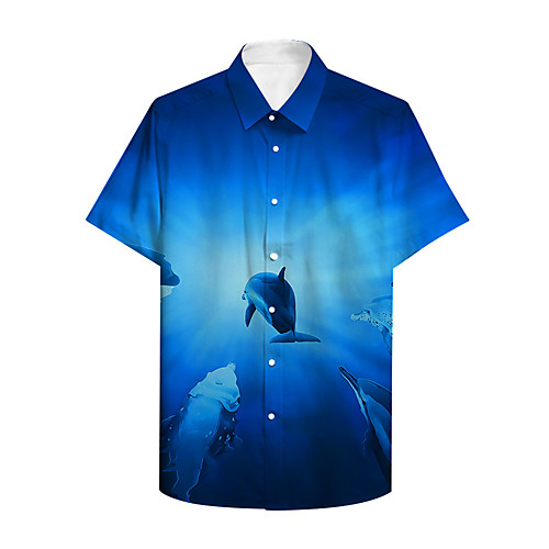 

Men's Shirt 3D Print Graphic Prints Fish Animal Button-Down Print Short Sleeve Daily Tops Casual Designer Big and Tall Blue