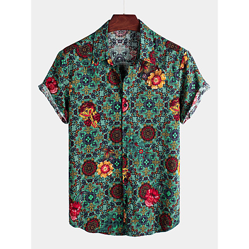 

Men's Shirt Tribal Short Sleeve Daily Tops Cotton Basic Boho Classic Collar Green / Beach