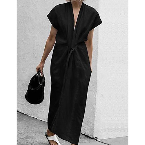 

Women's A Line Dress Maxi long Dress Black Short Sleeve Solid Color Summer V Neck Casual 2021 S M L XL XXL