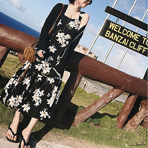

Sheath / Column Beautiful Back Bohemian Holiday Party Wear Dress Scoop Neck Sleeveless Tea Length Chiffon with Ruffles Pattern / Print 2021