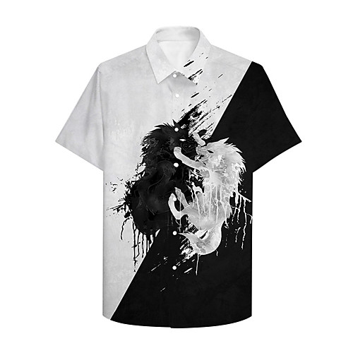 

Men's Shirt 3D Print Graphic Prints Lion Button-Down Print Short Sleeve Casual Tops Casual Designer Big and Tall Black / White / Summer