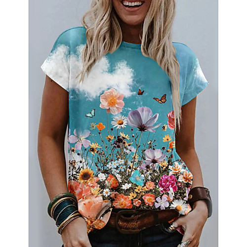 

Women's Floral Theme Painting T shirt Floral Graphic Butterfly Print Round Neck Basic Tops Blue Yellow Green