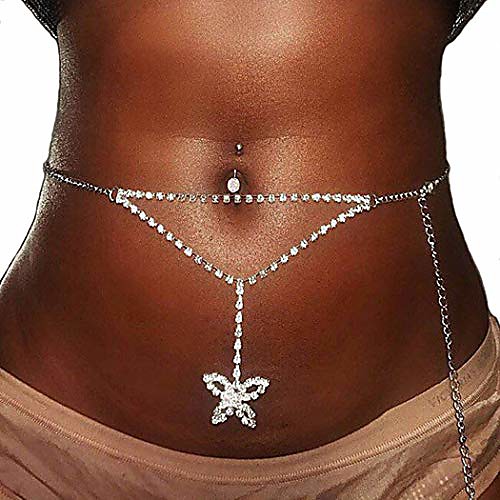 

boho crystal belly body chains butterfly waist chains summer beach fashion body jewelry accessories for women and girls (silver)
