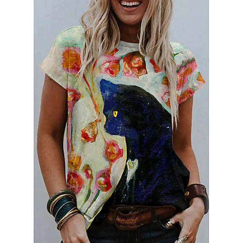 

Women's Going out Floral Theme 3D Cat Painting T shirt Floral Cat Graphic Print Round Neck Basic Tops Blue Red Green