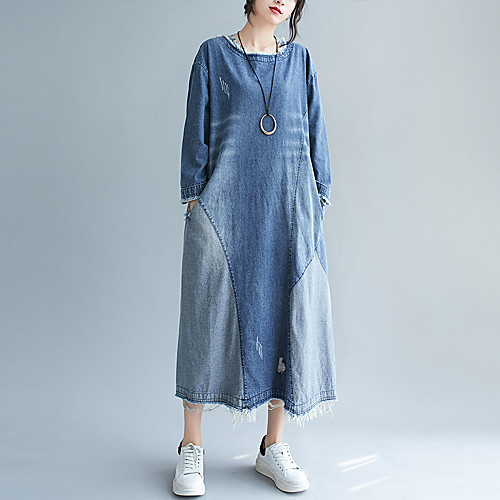 

Women's Denim Dress Midi Dress Blue Long Sleeve Color Block Tassel Fringe Pocket Patchwork Fall Spring Round Neck Casual Holiday Loose 2021 M L XL XXL