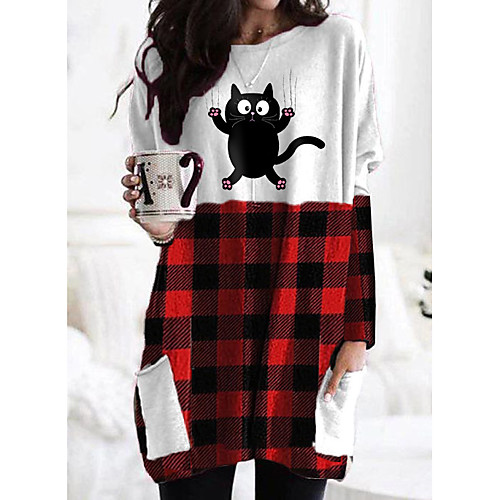 

Women's T shirt Dress Cat Plaid Graphic Long Sleeve Patchwork Print Round Neck Tops Basic Basic Top Black Red Wine