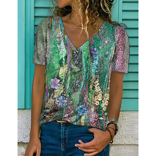 

Women's Floral Theme Abstract Geometric T shirt Floral Graphic Print V Neck Basic Tops Purple Yellow Green