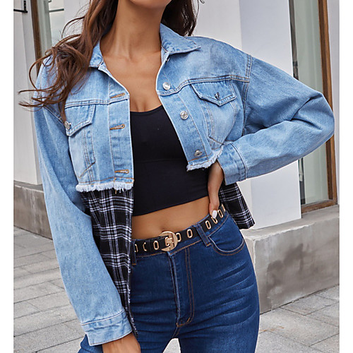 

Women's Denim Jacket Daily Fall & Winter Regular Coat Shirt Collar Regular Fit Jacket Long Sleeve Color Block Patchwork Blue / Cotton