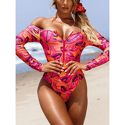 

Women's One Piece Romper Swimsuit Slim Print Tropical Leaf Long sleeve one piece Swimwear Padded Bodysuit Off Shoulder Bathing Suits New Fashion Sexy / Padded Bras