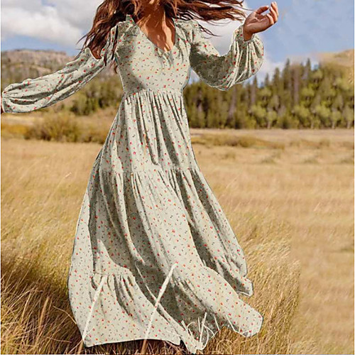 

Women's Swing Dress Maxi long Dress Green Black Beige Long Sleeve Floral Ruched Spring Summer V Neck Casual Boho Lantern Sleeve 2021 S M L XL XXL 3XL