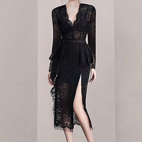 

Sheath / Column Peplum Sexy Wedding Guest Cocktail Party Dress V Neck Long Sleeve Tea Length Lace with Sash / Ribbon Split 2021