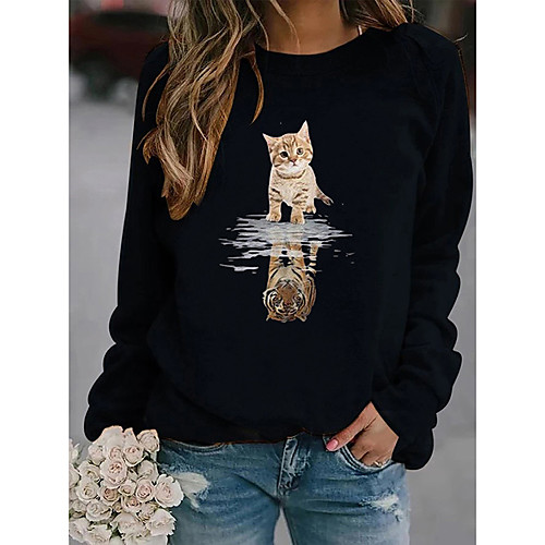

Women's Hoodie Sweatshirt Cat Graphic 3D Daily Weekend Other Prints Basic Casual Hoodies Sweatshirts Cotton Slim White Black