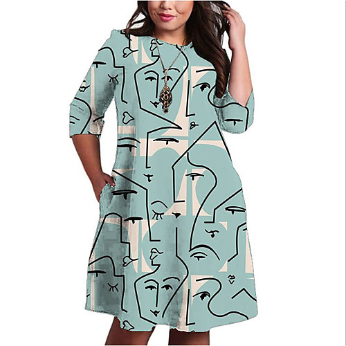 

Women's Plus Size Dress Shift Dress Knee Length Dress 3/4 Length Sleeve Print Color Block Print Casual Fall Spring Summer Blue Red XL XXL 3XL 4XL 5XL