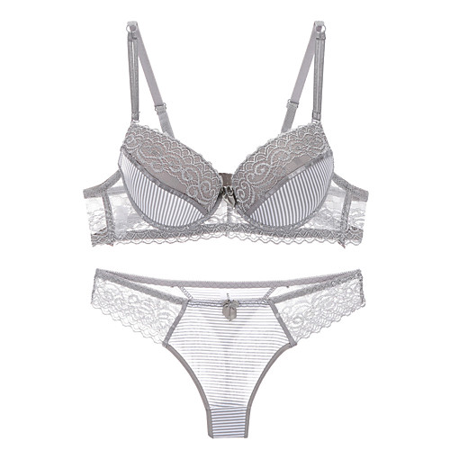 

Women's Plus Size Bra & Panty Set Underwire Bra 3/4 Cup Stripes Lace Printing Blue