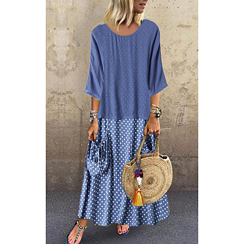 

Women's Wrap Dress Maxi long Dress Blue Blushing Pink Green Black 3/4 Length Sleeve Polka Dot Solid Color Print Spring Summer Round Neck Casual Loose 3D Print S M L XL XXL