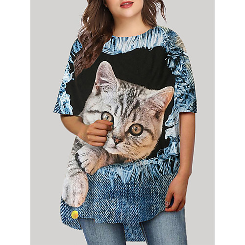 

Women's Plus Size Dress T Shirt Dress Tee Dress Short Mini Dress Half Sleeve Cat Graphic Animal Print Casual Fall Spring Summer Blue XL XXL 3XL 4XL 5XL