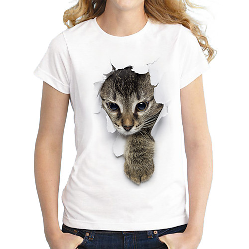 

Women's 3D Cat T shirt Cat Graphic 3D Print Round Neck Basic Tops 100% Cotton White