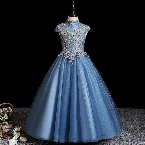 

Princess Floor Length Flower Girl Dresses Party Lace Cap Sleeve High Neck with Appliques