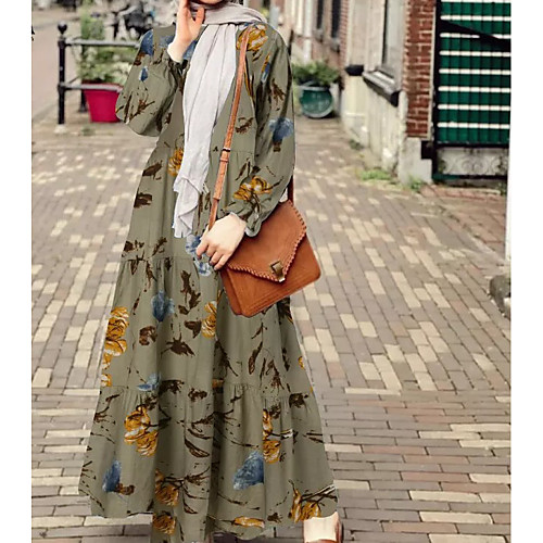

Women's Swing Dress Maxi long Dress Army Green Khaki Long Sleeve Floral Ruffle Patchwork Fall Spring Round Neck Elegant Puff Sleeve 2021 S M L XL XXL 3XL 4XL 5XL