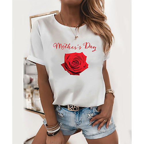 

Women's Floral Theme Painting T shirt Floral Graphic Letter Print Round Neck Basic Tops 100% Cotton White Black
