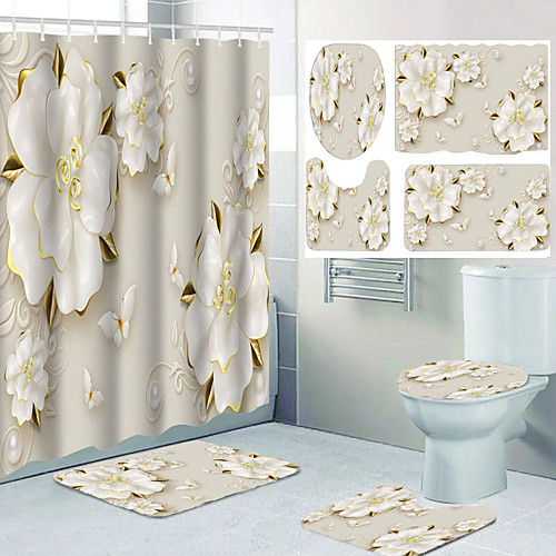 

White Flower Carved Wallpaper Pattern Printing Bathroom Shower Curtain Leisure Toilet Four-piece Design