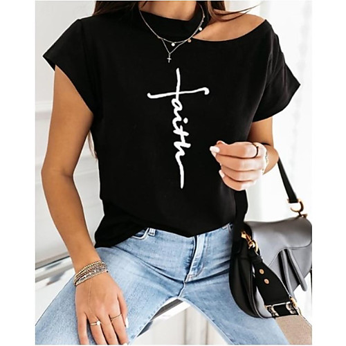 

Women's Faith T shirt Letter Round Neck Tops White Black Blushing Pink