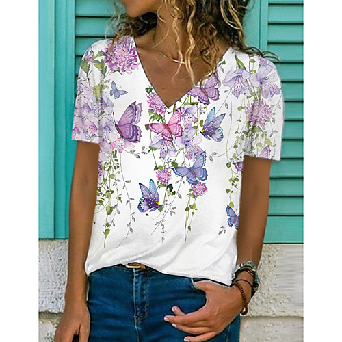 

Women's Butterfly Painting T shirt Floral Graphic Butterfly Print V Neck Basic Tops White Purple Yellow
