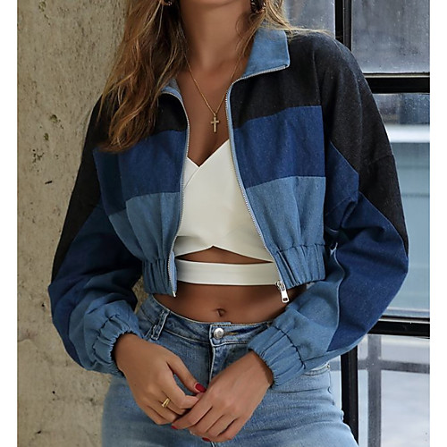 

Women's Denim Jacket Daily Fall & Winter Short Coat Shirt Collar Regular Fit Jacket Long Sleeve Striped Blue Dusty Blue / Cotton