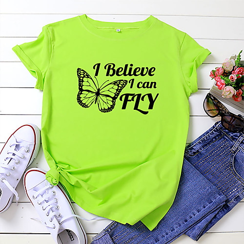 

Women's T shirt Butterfly Letter Print Round Neck Tops 100% Cotton Basic Basic Top White Yellow Blushing Pink