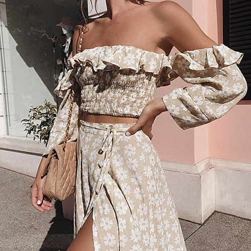 

Women's Streetwear Floral Vacation Going out Two Piece Set Crop Top Blouse Skirt Drawstring Ruffle Print Tops